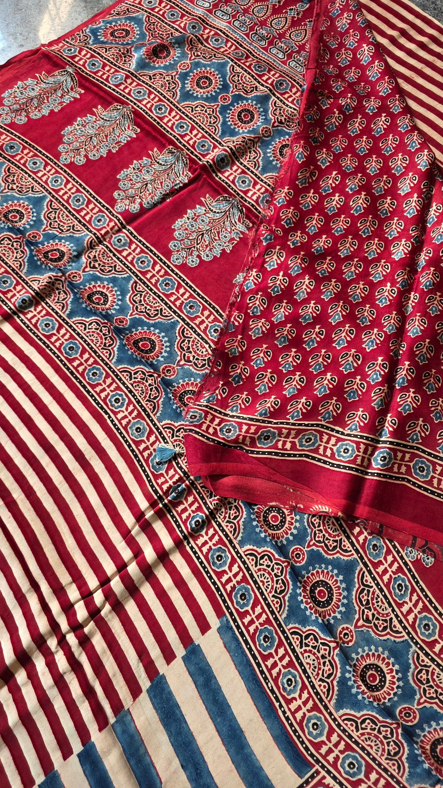 Red and Blue Striped Ajrakh Modal Silk Saree – Hand-Block Printed in Kutch