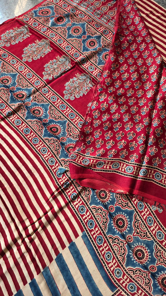 Red and Blue Striped Ajrakh Modal Silk Saree – Hand-Block Printed in Kutch