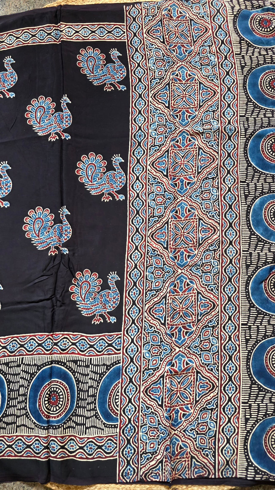 Black Ajrakh Modal Silk Saree with Peacock Buttas – Hand-Block Printed in Kutch