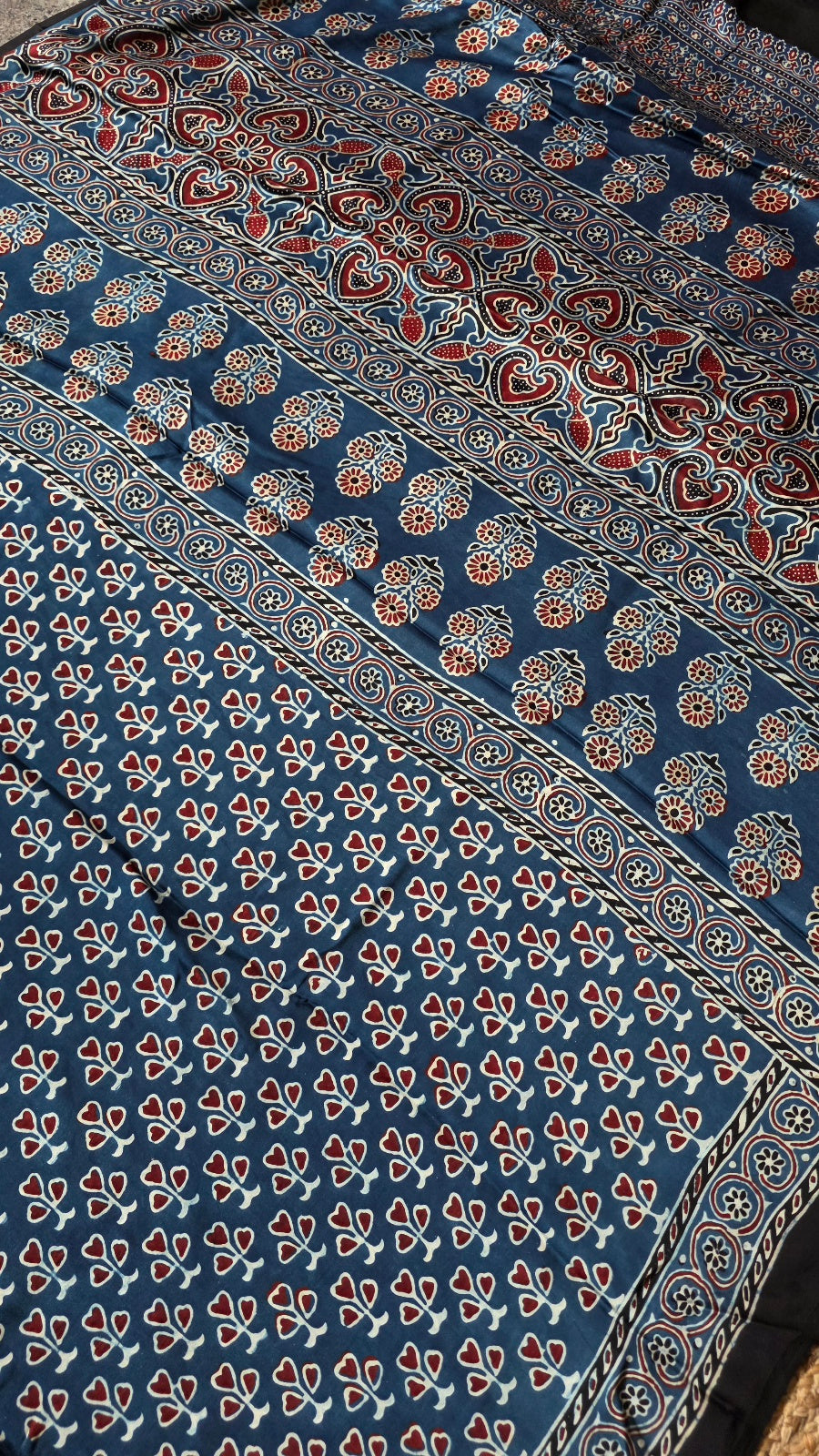Blue Ajrakh Modal Silk Saree with Red Heart-Leaf Buttas – Hand-Block Printed in Kutch