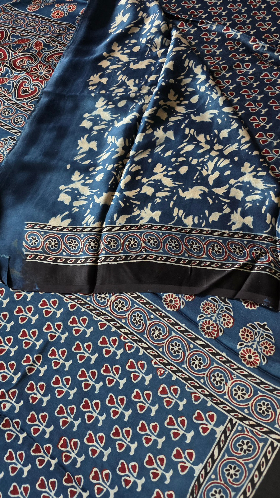Blue Ajrakh Modal Silk Saree with Red Heart-Leaf Buttas – Hand-Block Printed in Kutch