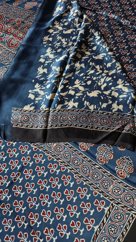 Blue Ajrakh Modal Silk Saree with Red Heart-Leaf Buttas – Hand-Block Printed in Kutch
