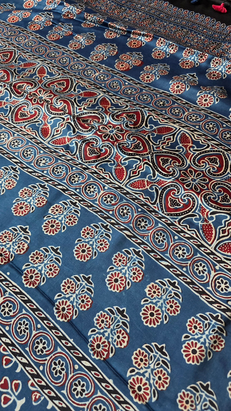 Blue Ajrakh Modal Silk Saree with Red Heart-Leaf Buttas – Hand-Block Printed in Kutch