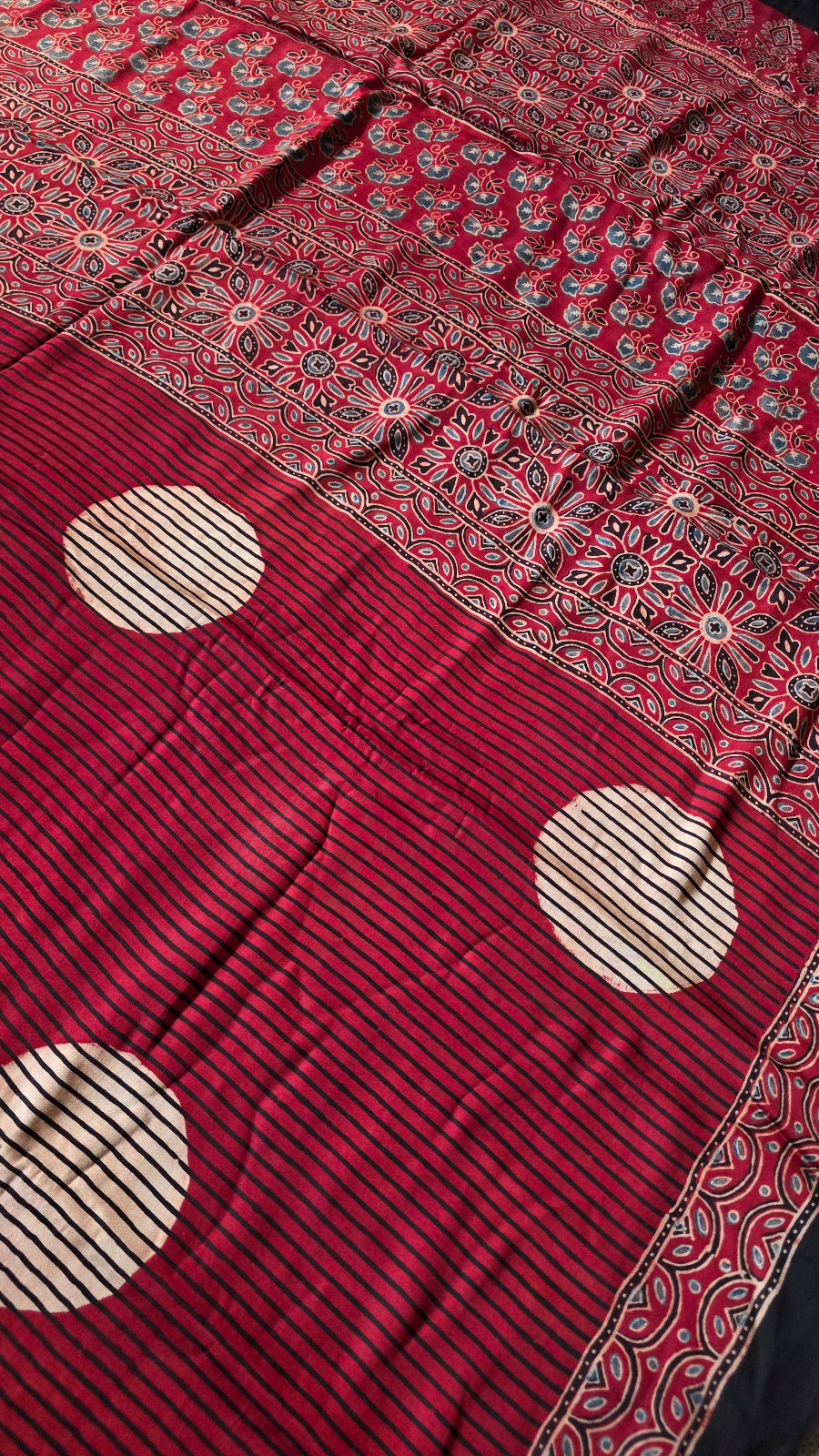 Red Pinstripe Ajrakh Modal Silk Saree with Off-White Circles – Hand-Block Printed in Kutch