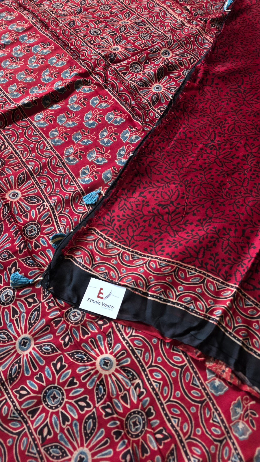 Red Pinstripe Ajrakh Modal Silk Saree with Off-White Circles – Hand-Block Printed in Kutch