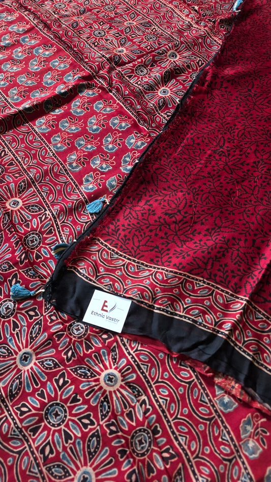 Red Pinstripe Ajrakh Modal Silk Saree with Off-White Circles – Hand-Block Printed in Kutch