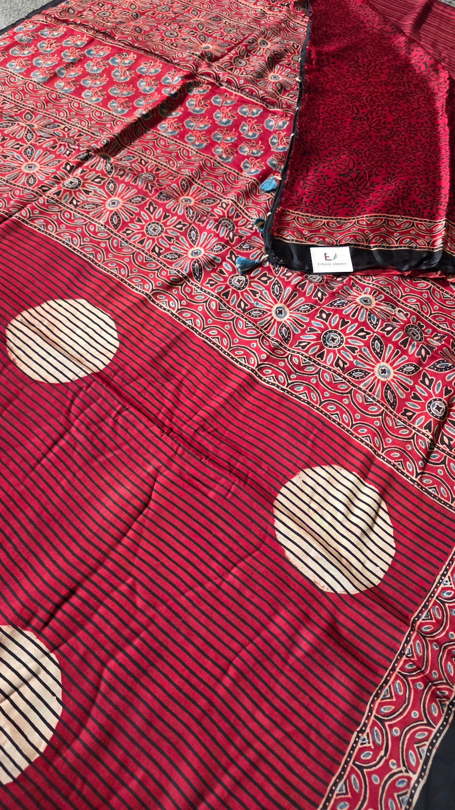 Red Pinstripe Ajrakh Modal Silk Saree with Off-White Circles – Hand-Block Printed in Kutch