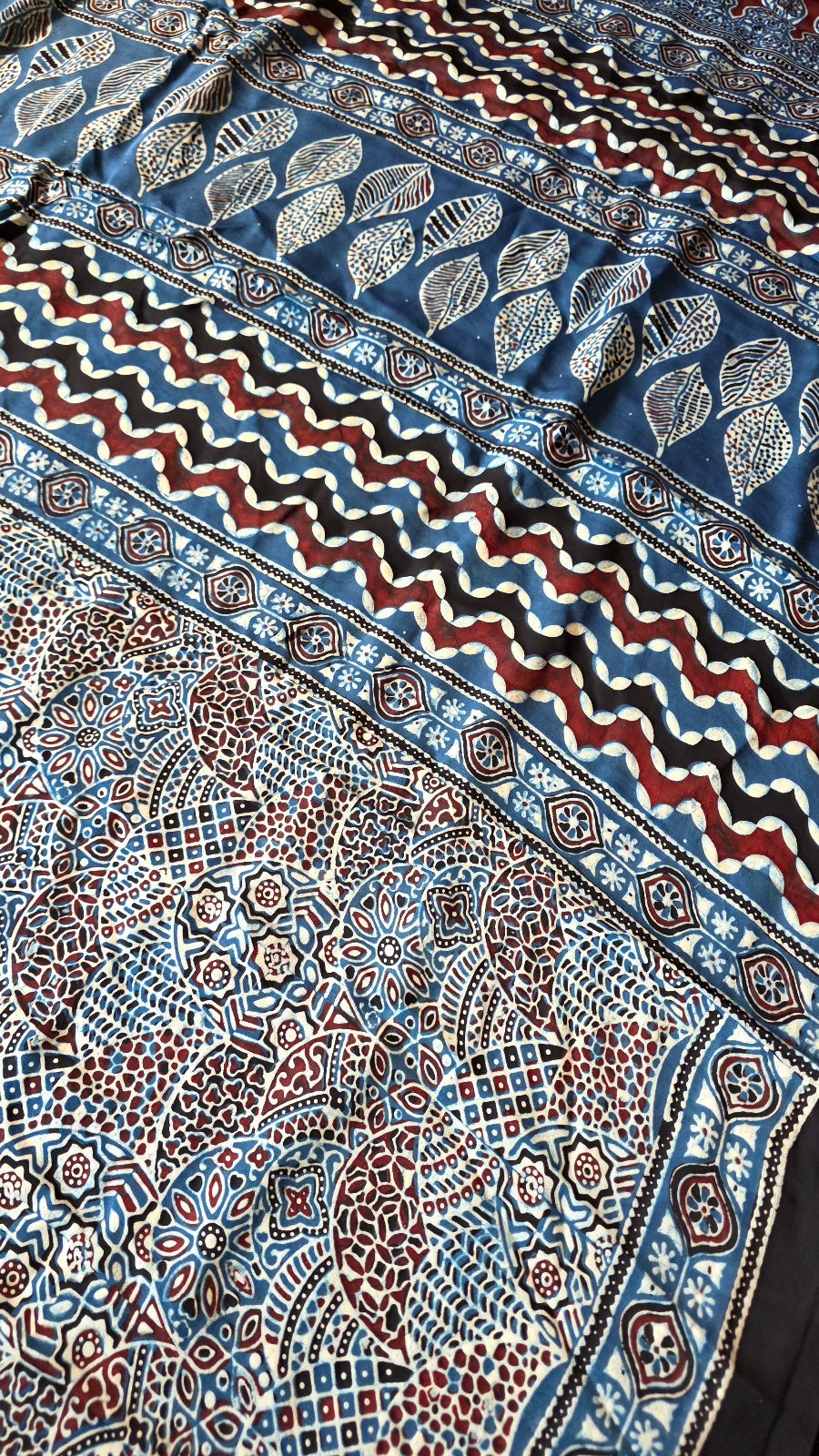 Blue Ajrakh Modal Silk Saree with Leaf and Zigzag Pallu – Hand-Block Printed in Kutch