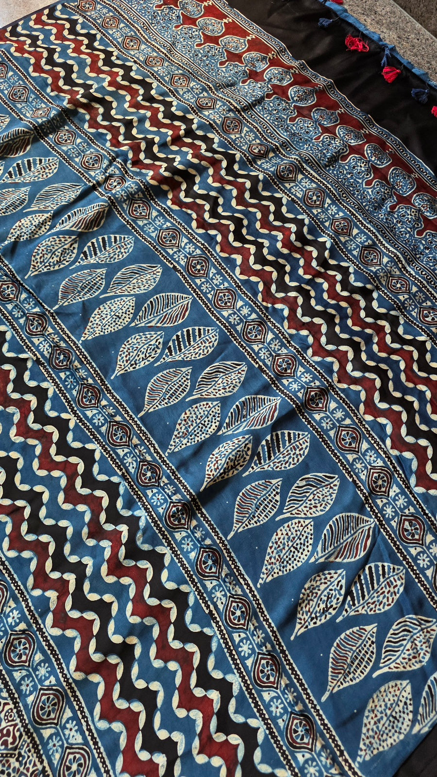 Blue Ajrakh Modal Silk Saree with Leaf and Zigzag Pallu – Hand-Block Printed in Kutch