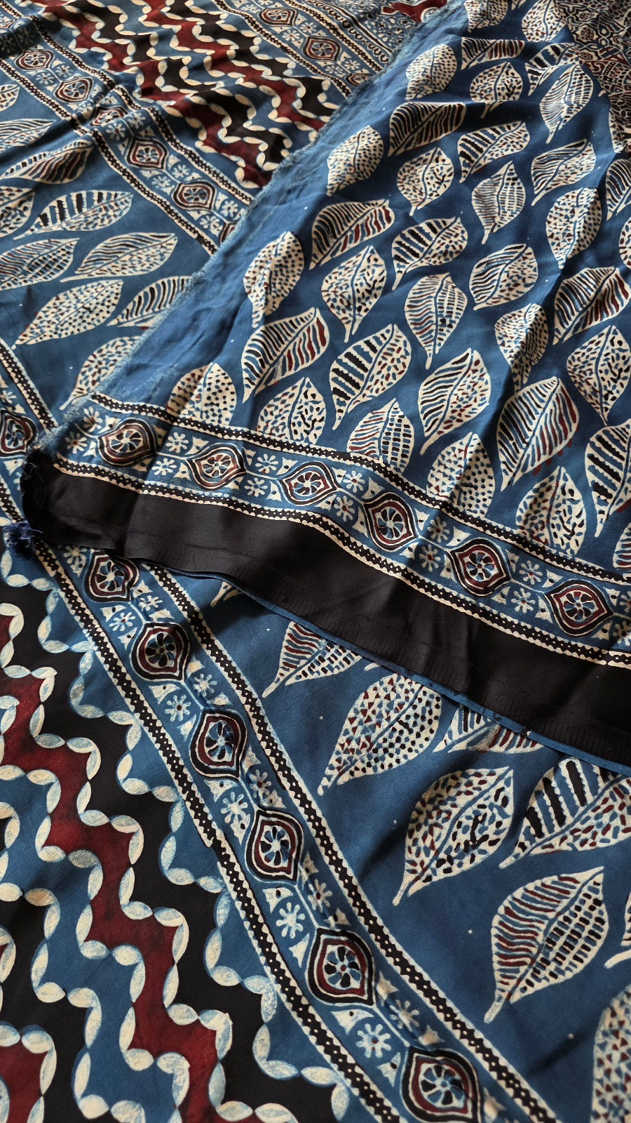 Blue Ajrakh Modal Silk Saree with Leaf and Zigzag Pallu – Hand-Block Printed in Kutch