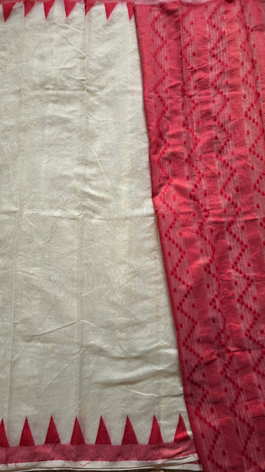 Off-White Jamdani-Style Saree with Red Temple Border