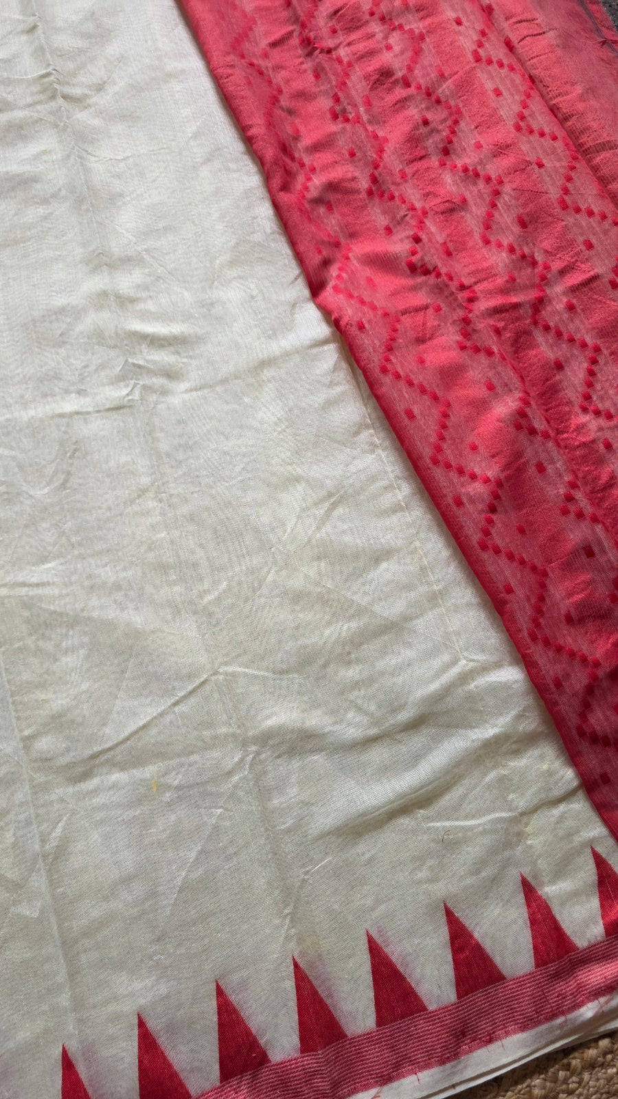 Off-White Jamdani-Style Saree with Red Temple Border