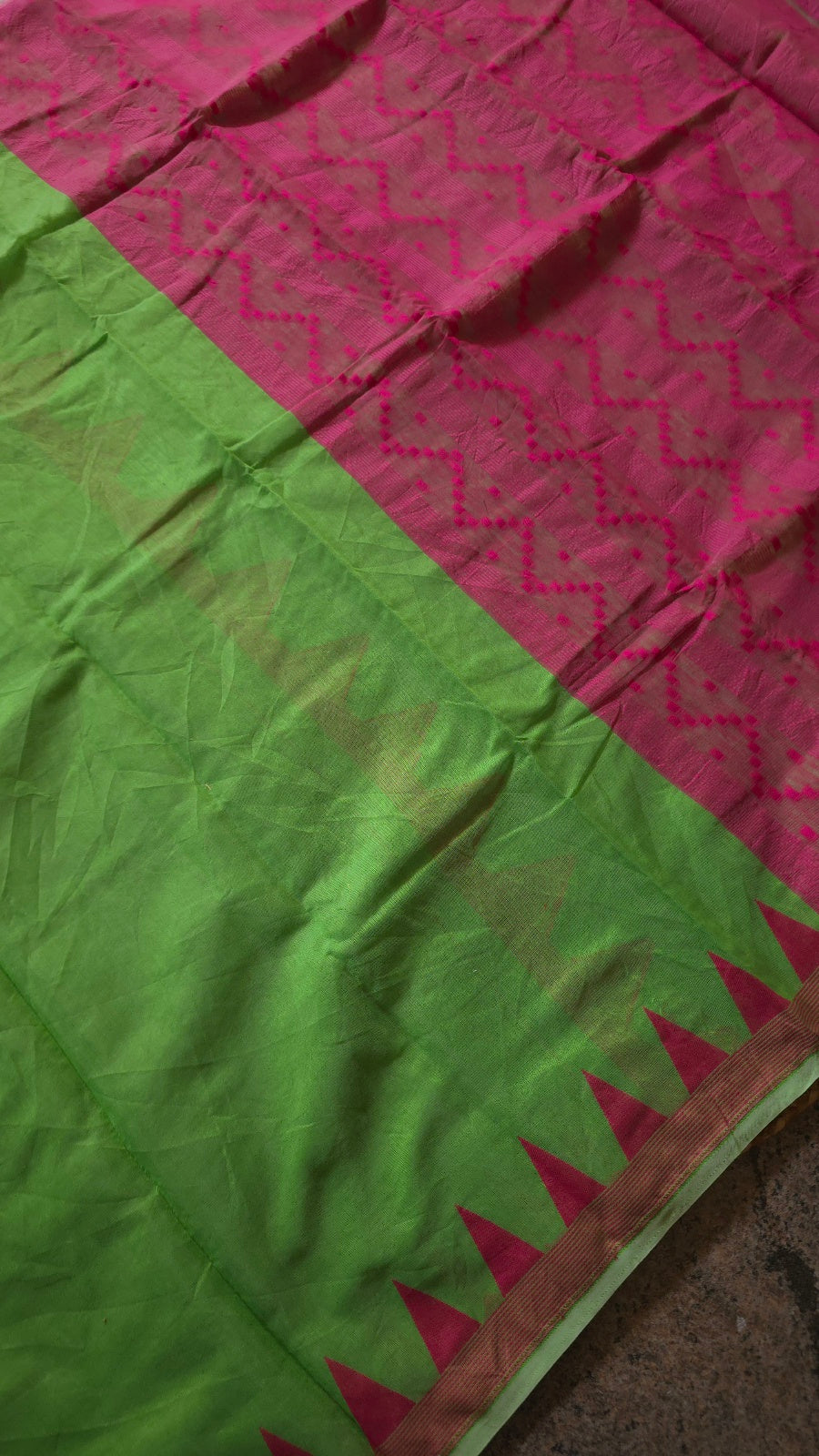 Green Jamdani-Style Saree with Pink Pallu and Temple Border