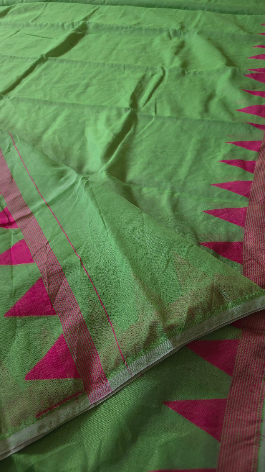 Green Jamdani-Style Saree with Pink Pallu and Temple Border