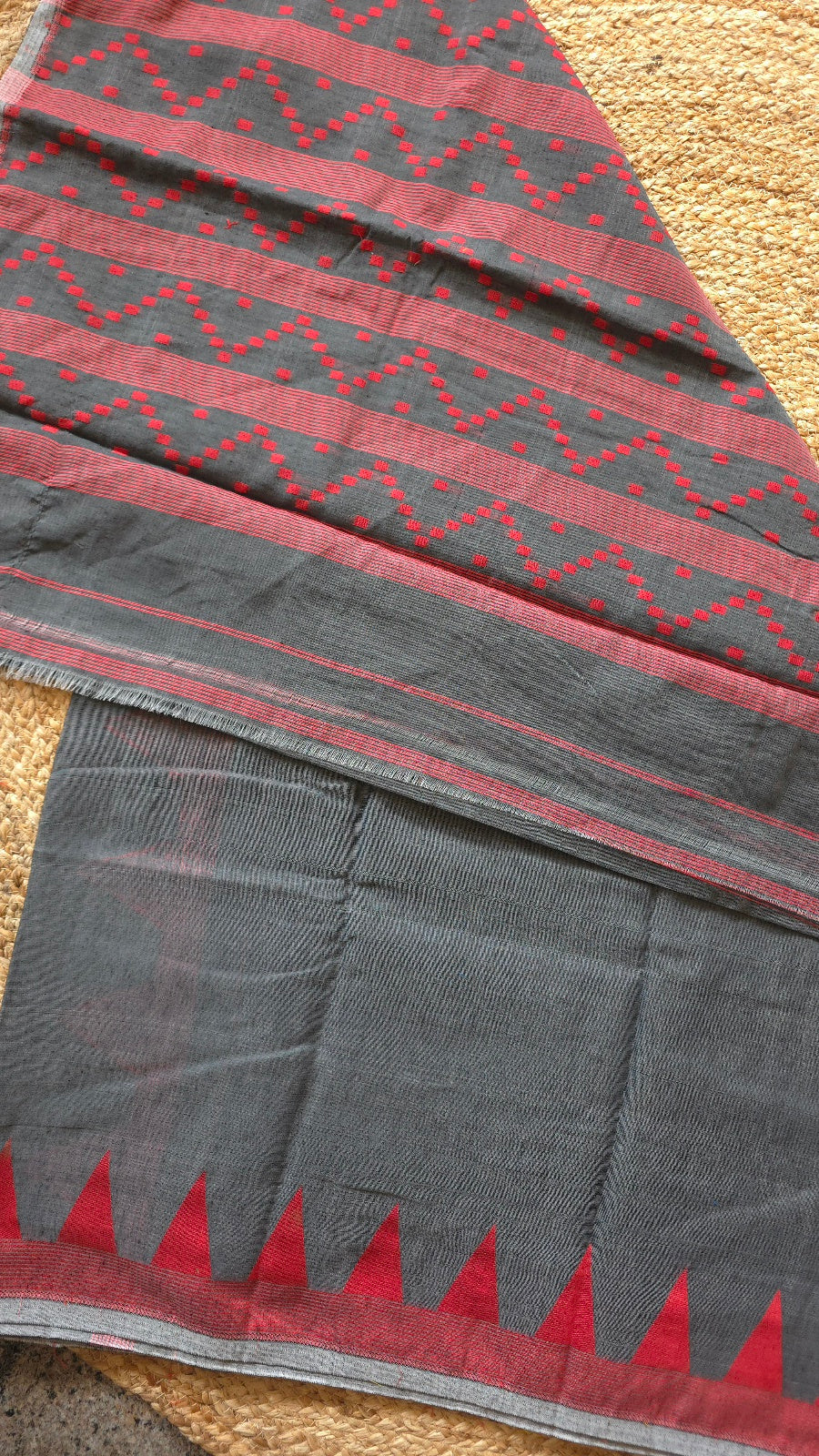 Grey Jamdani-Style Saree with Red Temple Border and Striped Pallu