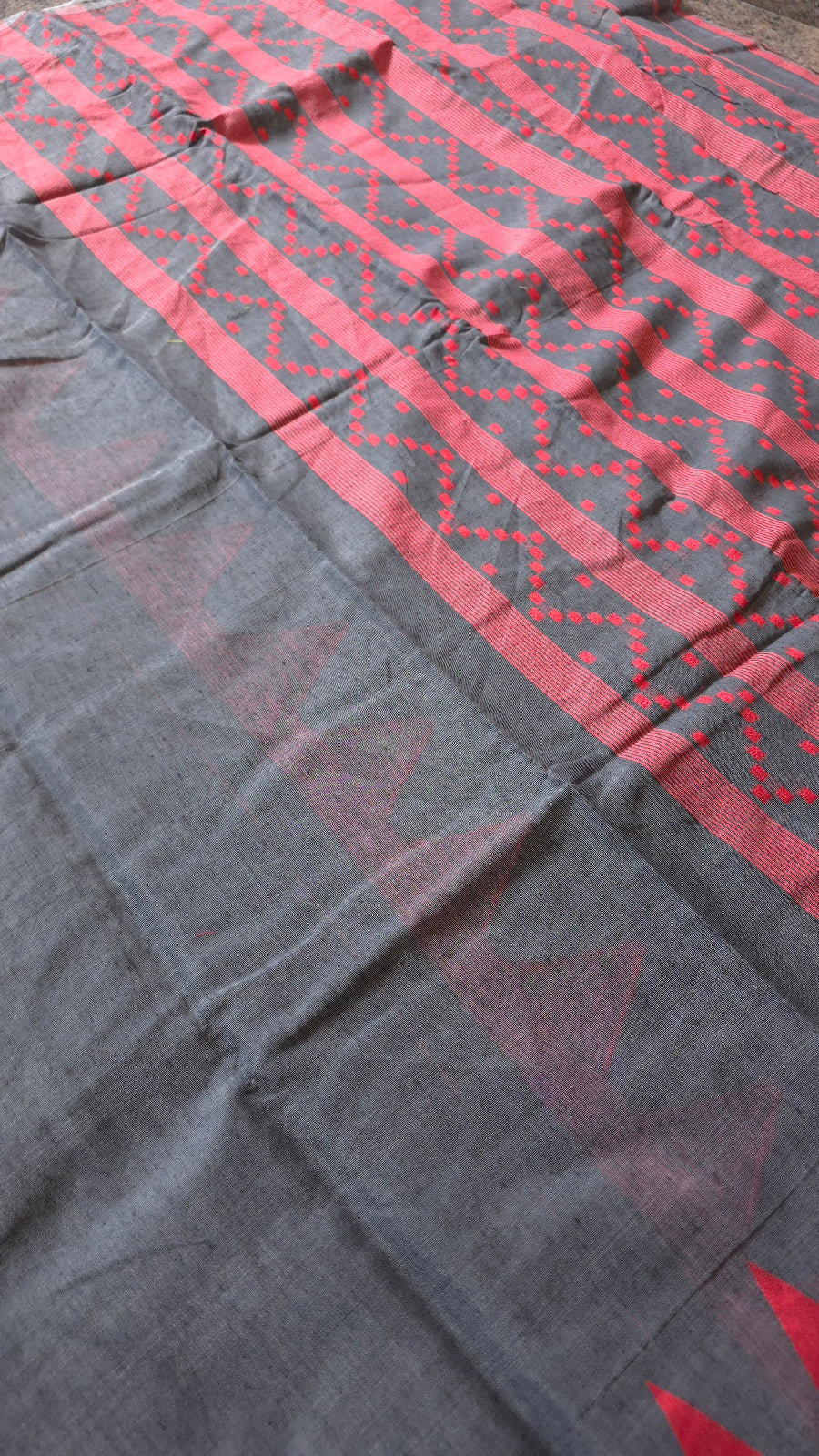 Grey Jamdani-Style Saree with Red Temple Border and Striped Pallu