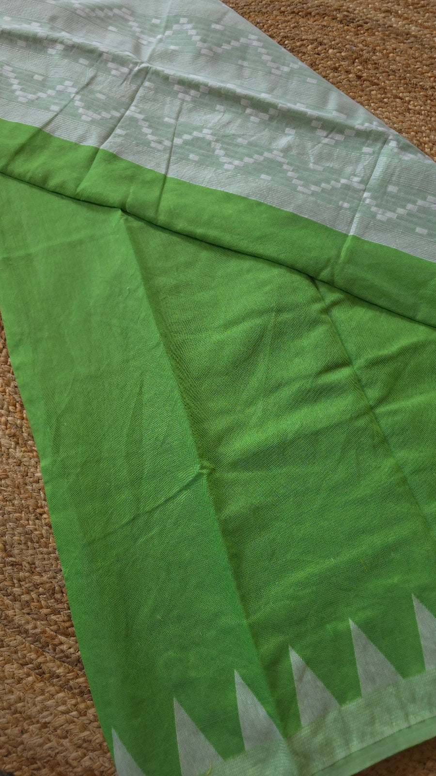 Parrot Green Jamdani-Style Saree with White Temple Border
