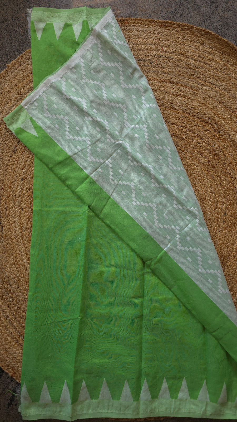 Parrot Green Jamdani-Style Saree with White Temple Border