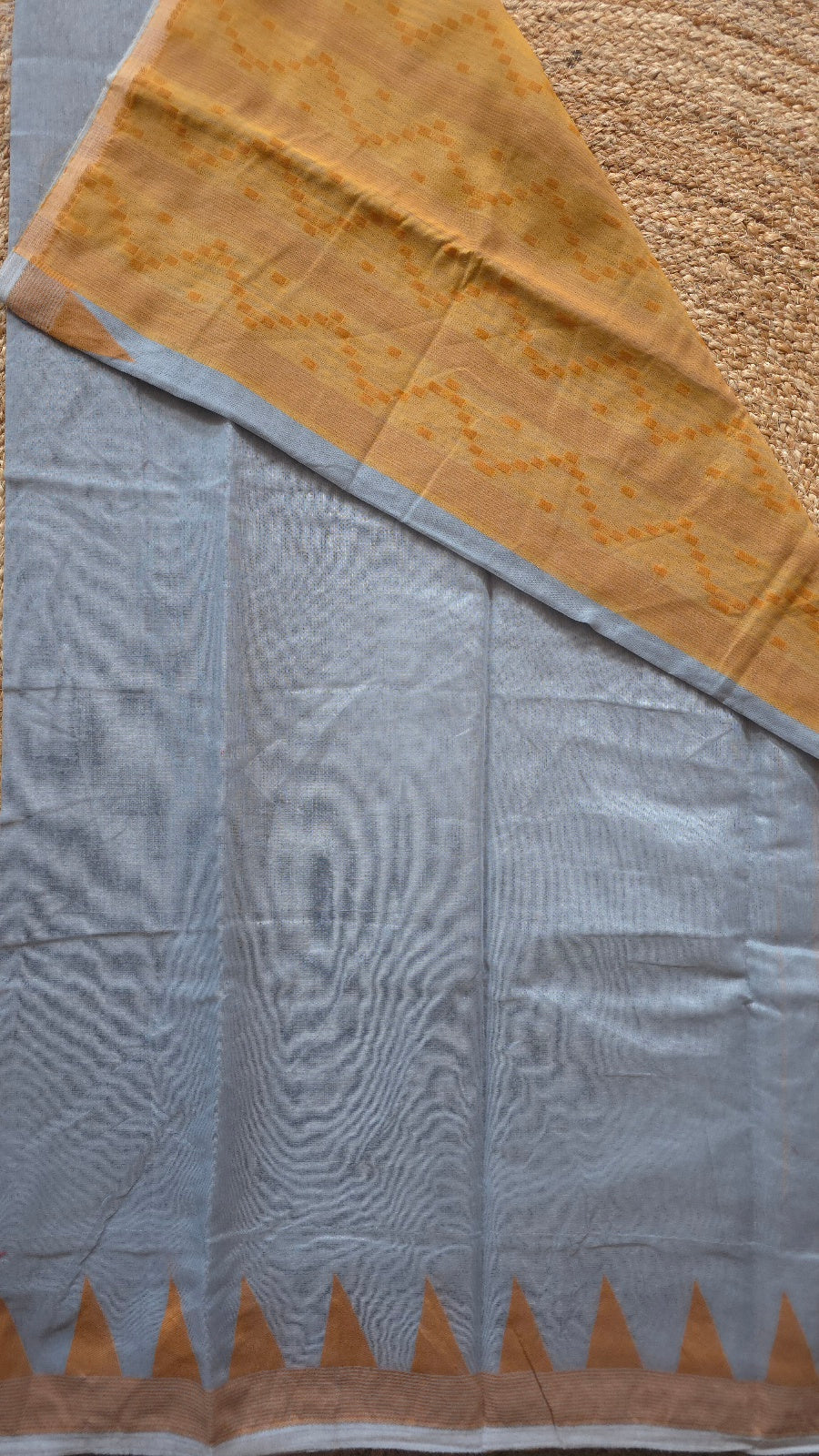 Silver Grey Jamdani-Style Saree with Mustard Pallu and Temple Border