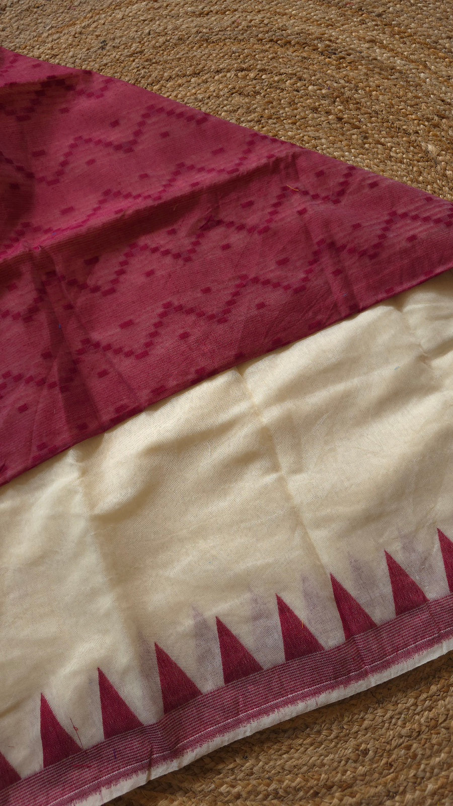 Cream Jamdani-Style Saree with Wine Pallu and Temple Border