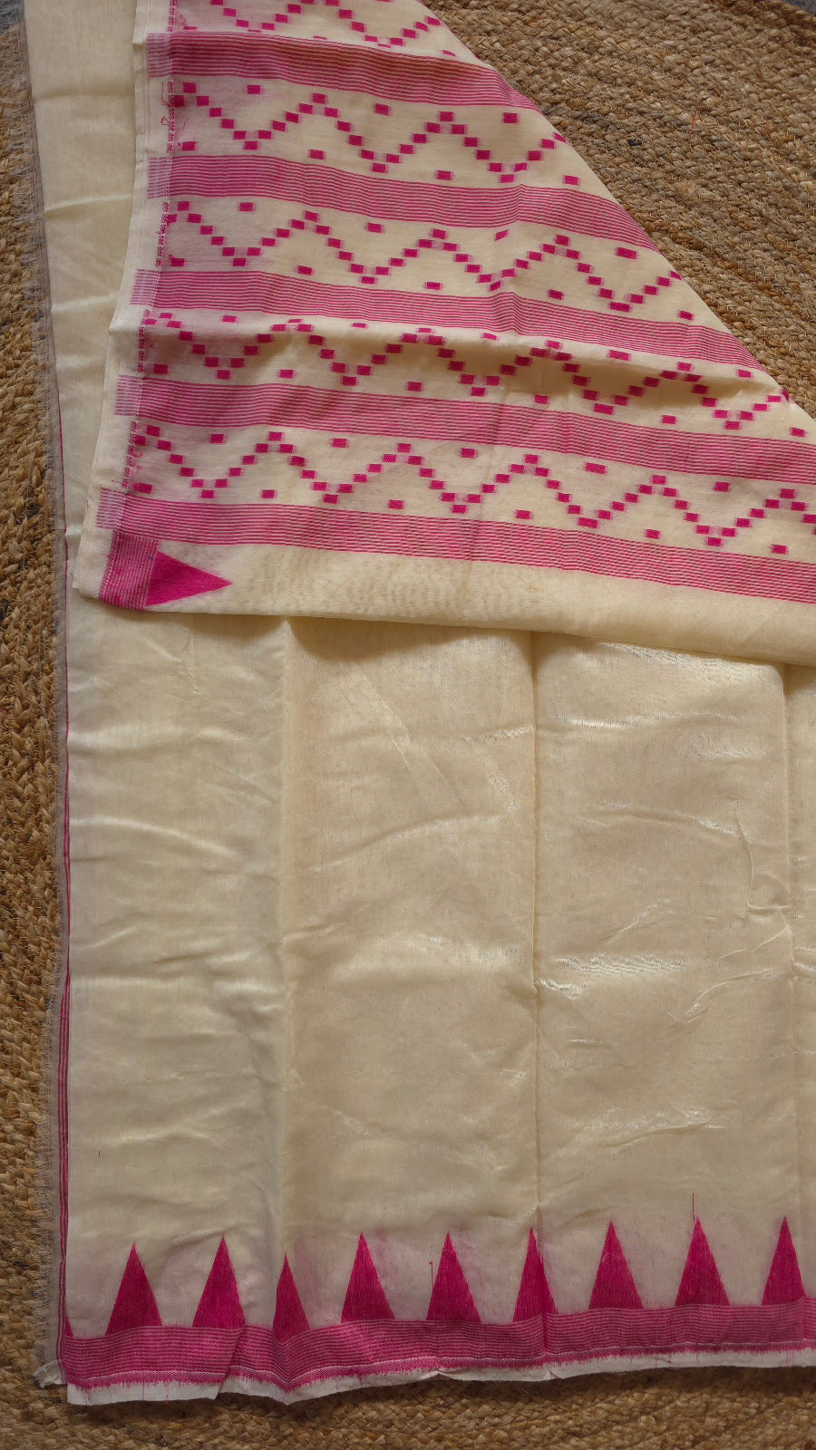 Cream Jamdani-Style Saree with Pink Temple Border and Striped Pallu