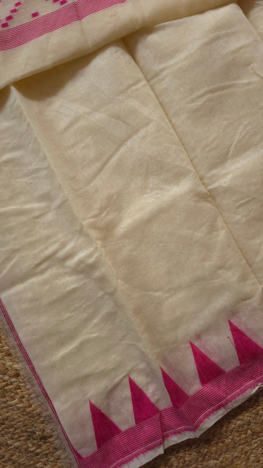 Cream Jamdani-Style Saree with Pink Temple Border and Striped Pallu