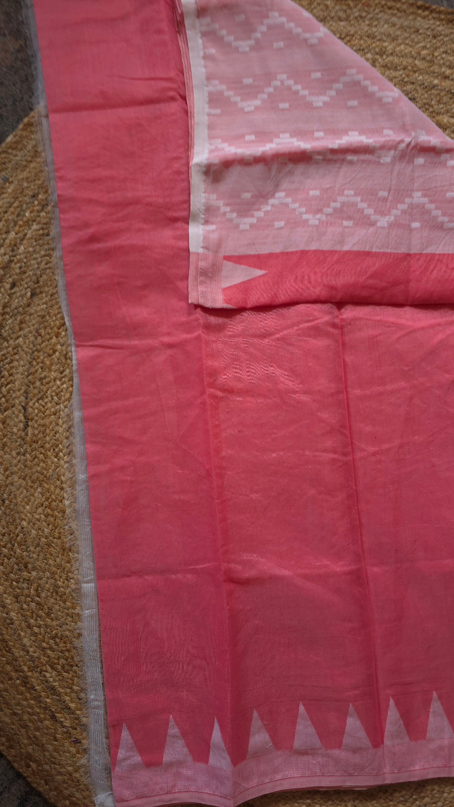 Coral Pink Jamdani-Style Saree with White Temple Border