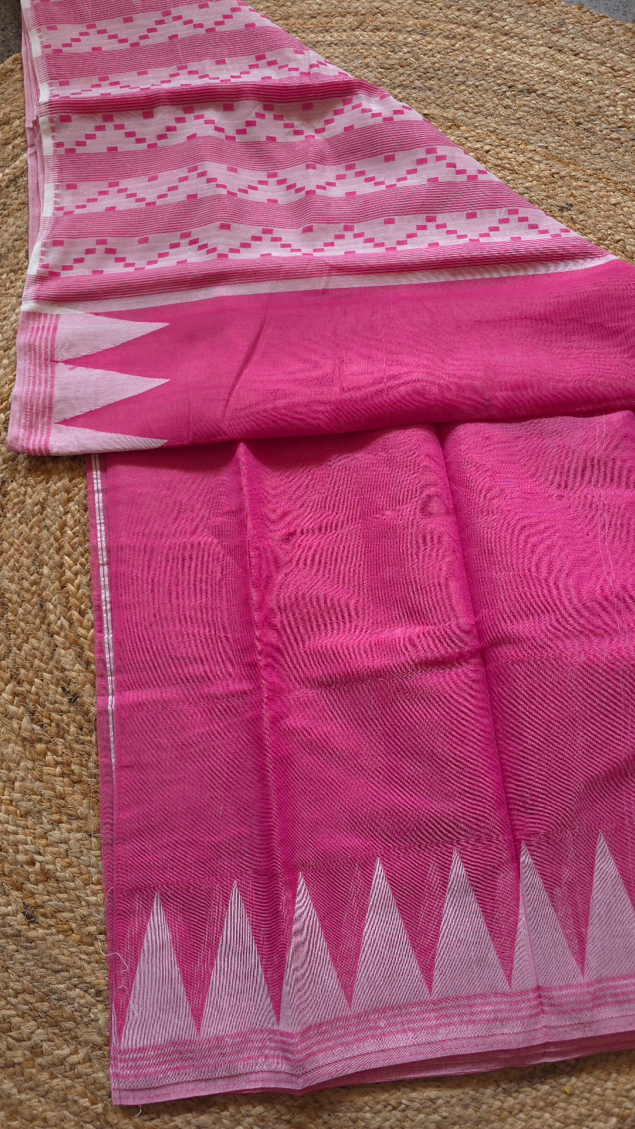 Rose Pink Jamdani-Style Saree with White Temple Border and Striped Pallu