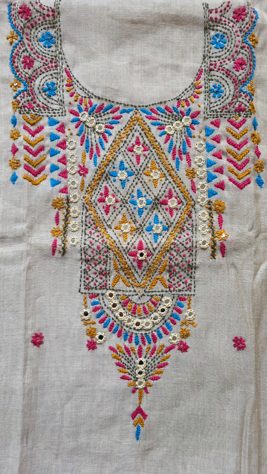 Cream Chanderi Cotton Silk Dress Material with Hand-Embroidered Mirror Work (3 Piece)