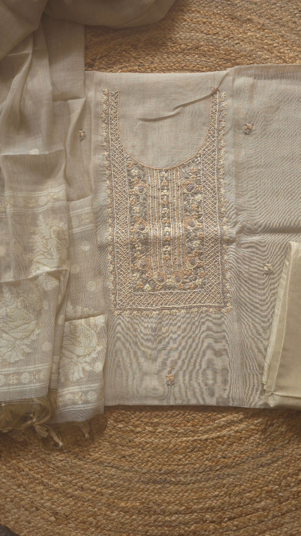 Cream Chanderi Cotton Silk Dress Material with Hand-Embroidered Yoke and Woven Swan Dupatta (3 Piece)