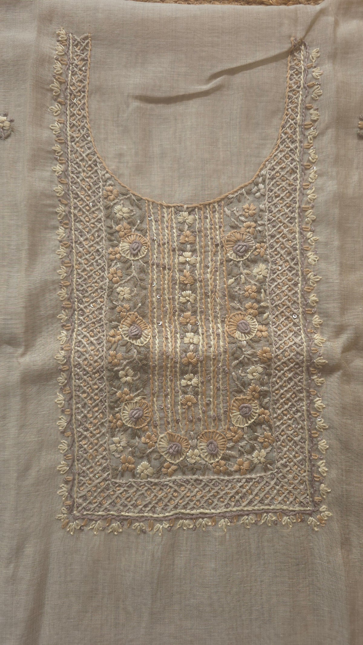 Cream Chanderi Cotton Silk Dress Material with Hand-Embroidered Yoke and Woven Swan Dupatta (3 Piece)