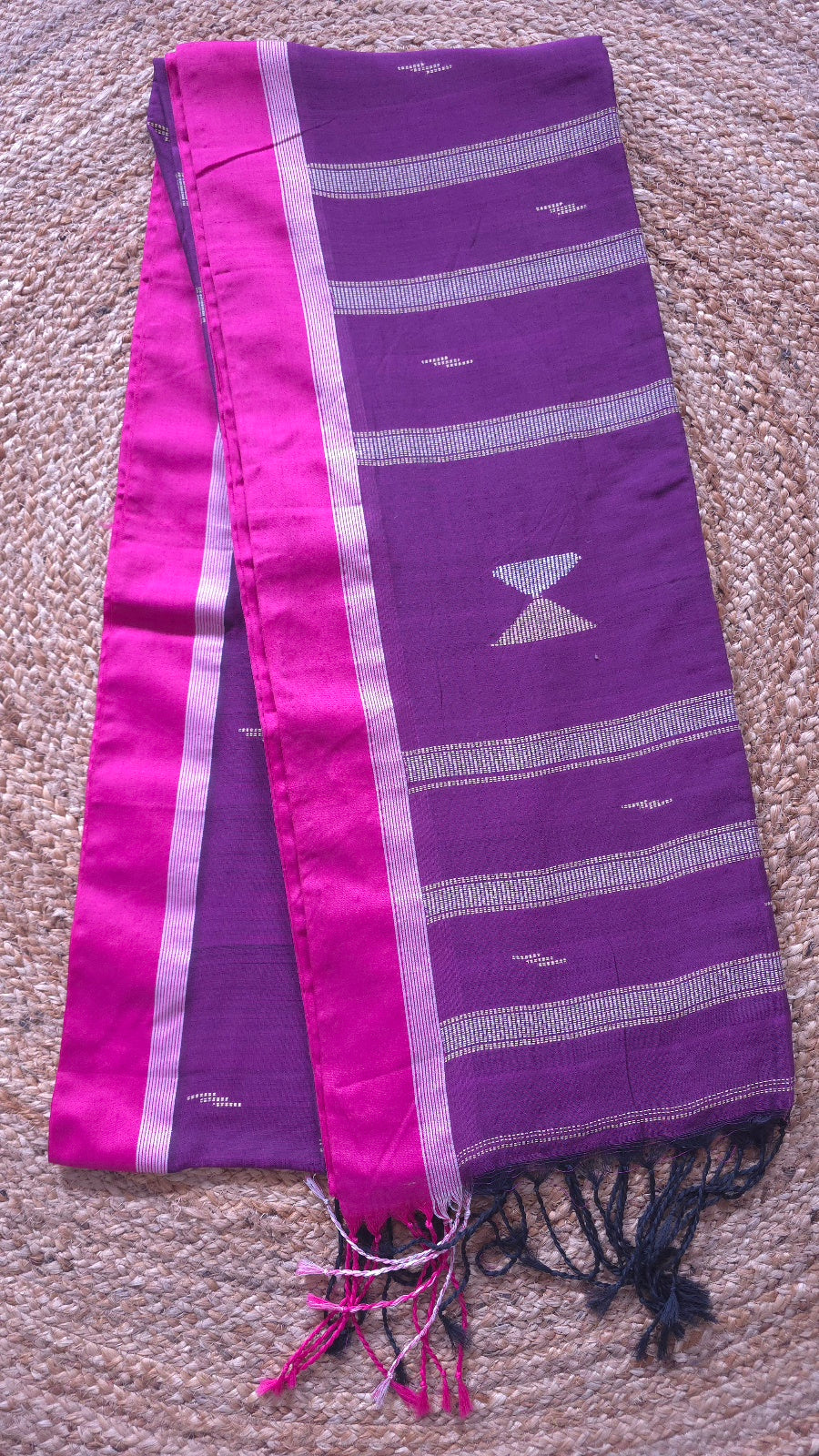 Deep Purple Handloom Viscose Cotton Saree with Pink Border & Woven Hourglass Pallu