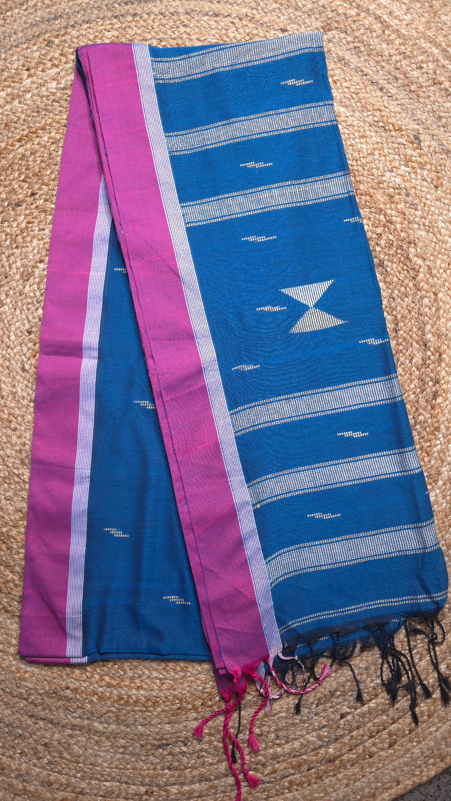 Peacock Blue Handloom Viscose Cotton Saree with Pink Border & Woven Hourglass Pallu