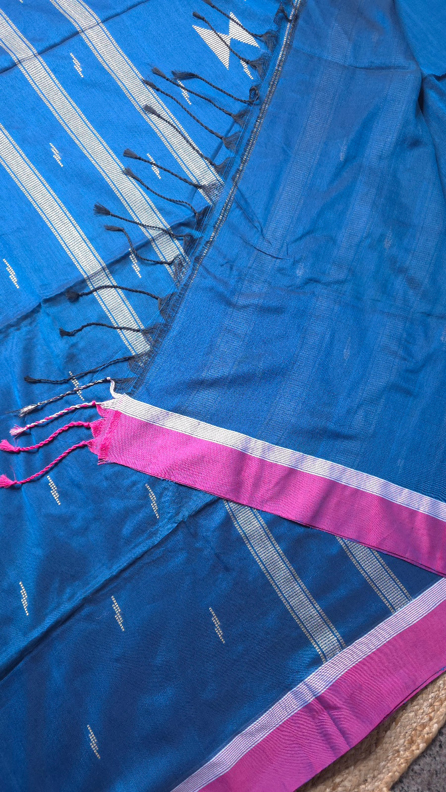Peacock Blue Handloom Viscose Cotton Saree with Pink Border & Woven Hourglass Pallu