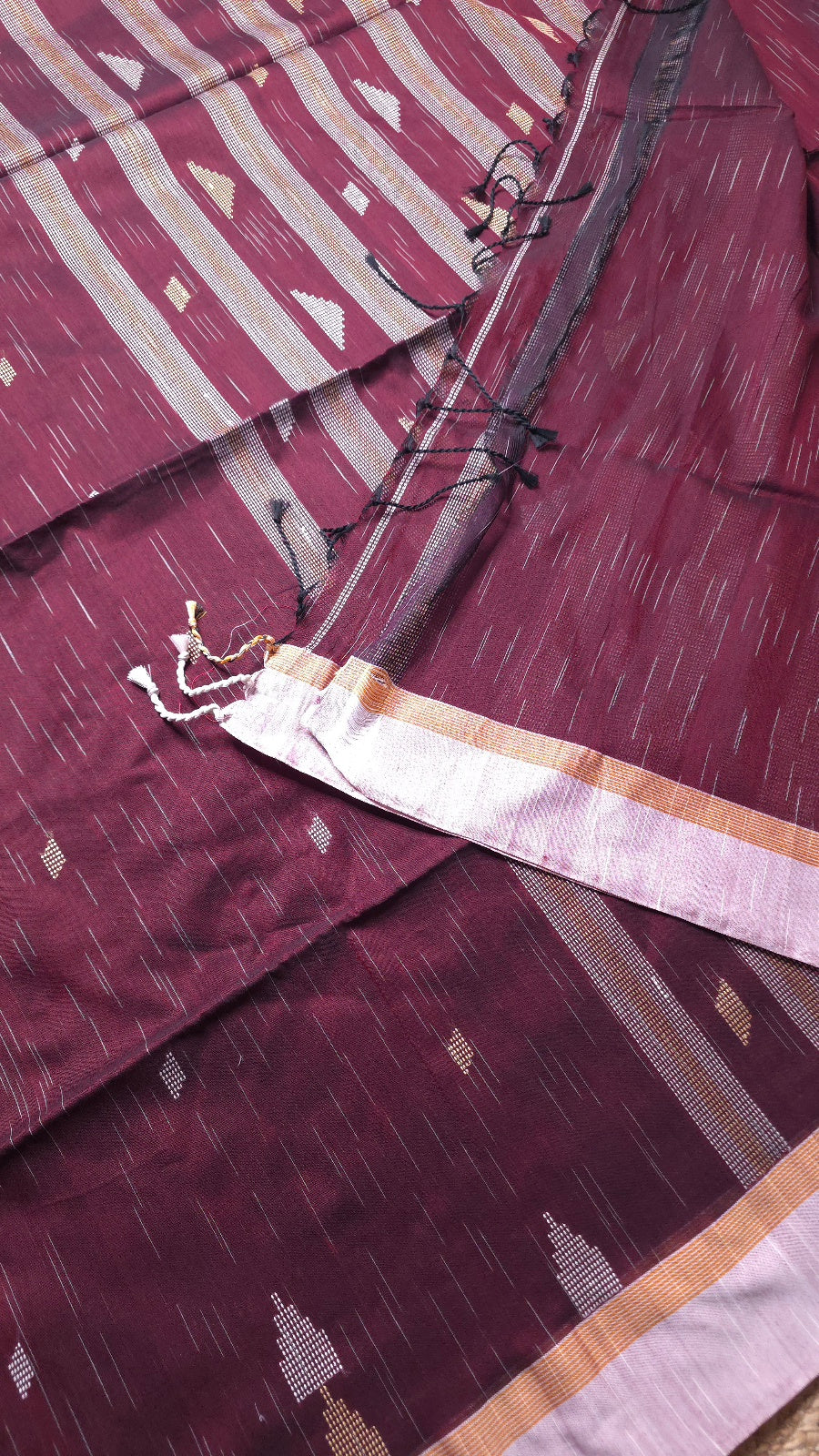 Deep Maroon Handloom Viscose Cotton Saree with Light Pink Border