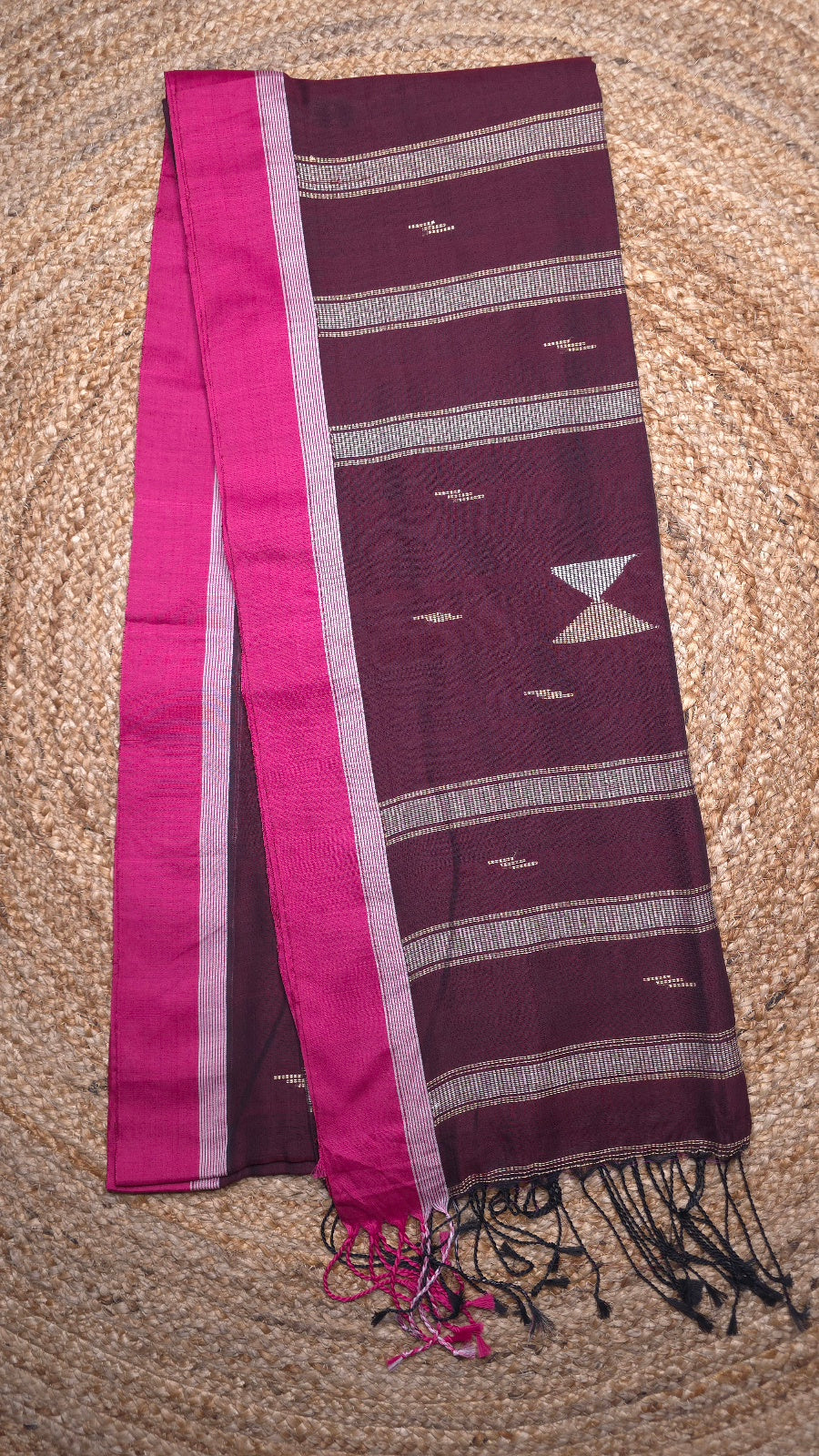 Deep Maroon Handloom Viscose Cotton Saree with Dark Pink Border & Woven Hourglass Pallu