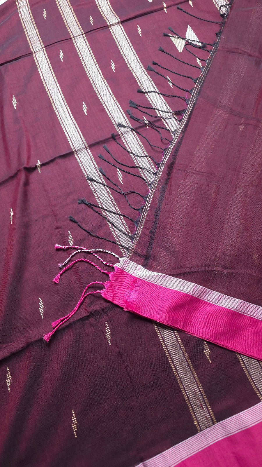 Deep Maroon Handloom Viscose Cotton Saree with Dark Pink Border & Woven Hourglass Pallu