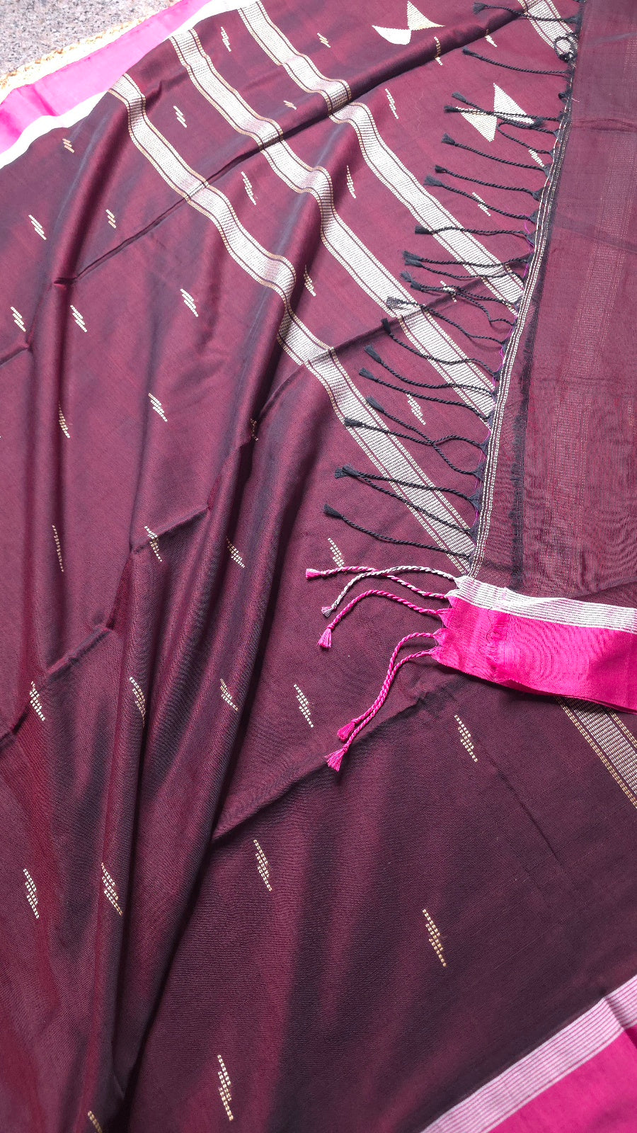Deep Maroon Handloom Viscose Cotton Saree with Dark Pink Border & Woven Hourglass Pallu
