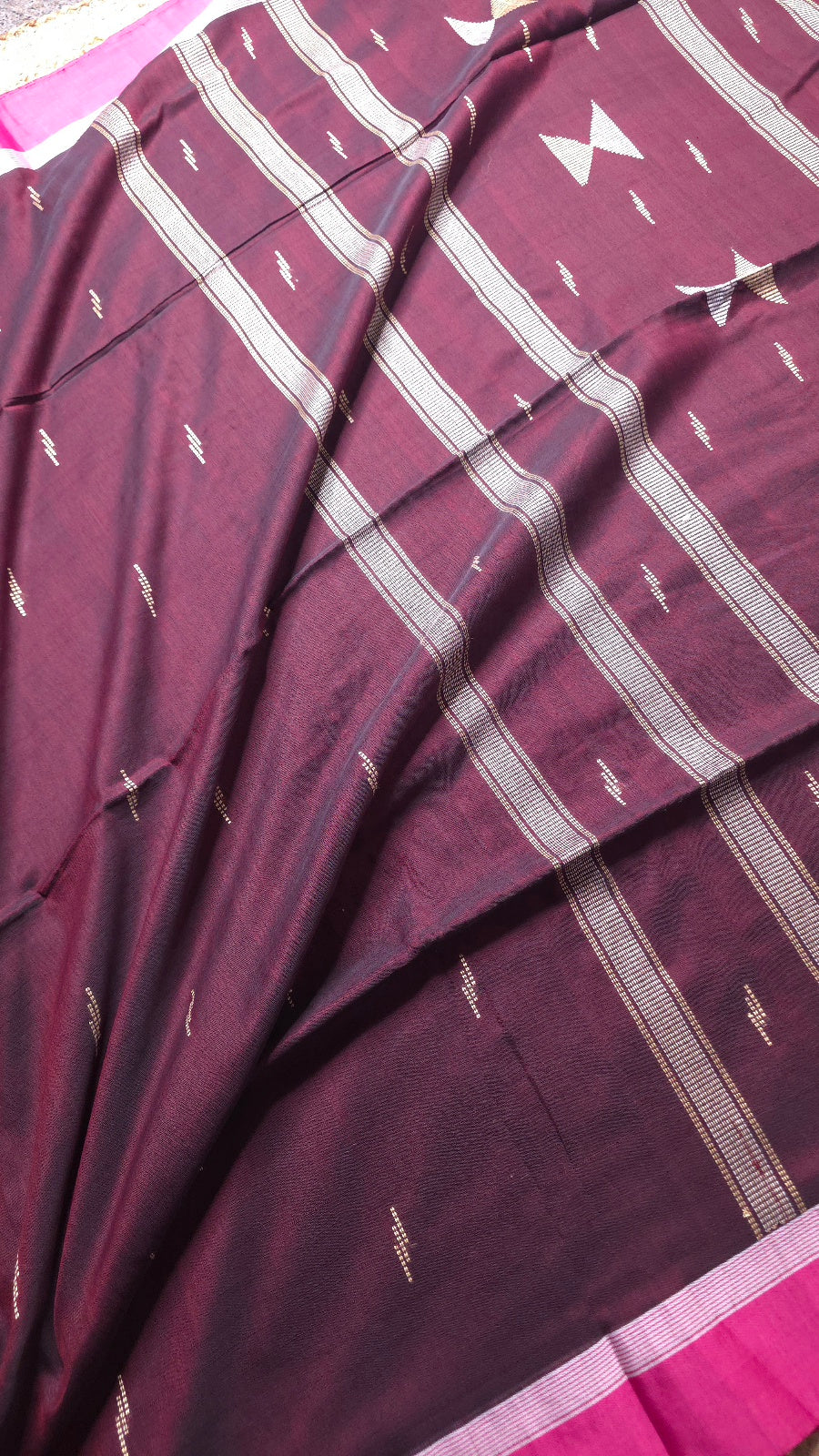 Deep Maroon Handloom Viscose Cotton Saree with Dark Pink Border & Woven Hourglass Pallu