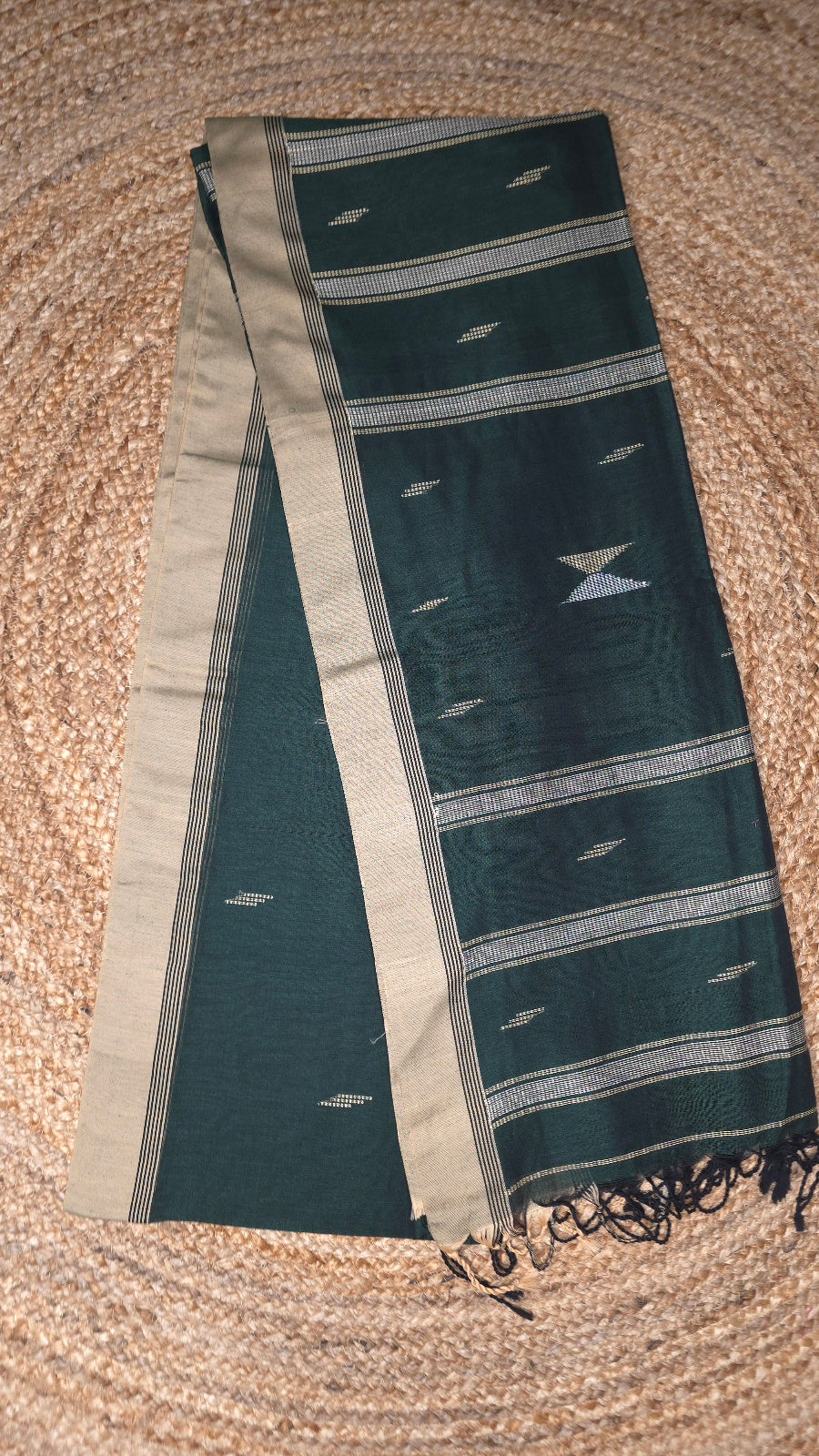 Bottle Green Handloom Viscose Cotton Saree with Beige Border & Woven Hourglass Pallu