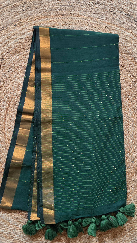 Bottle Green Mulmul Sequin Saree with Border