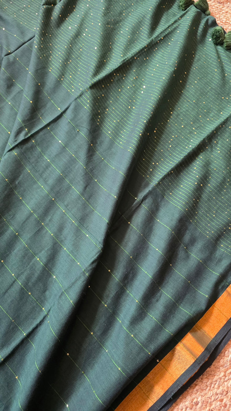 Bottle Green Mulmul Sequin Saree with Border