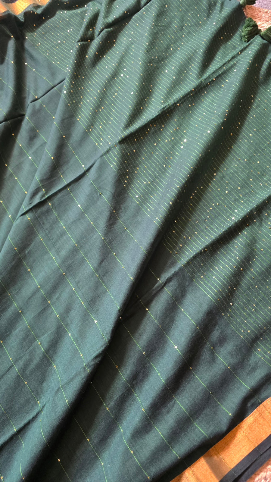 Bottle Green Mulmul Sequin Saree with Border