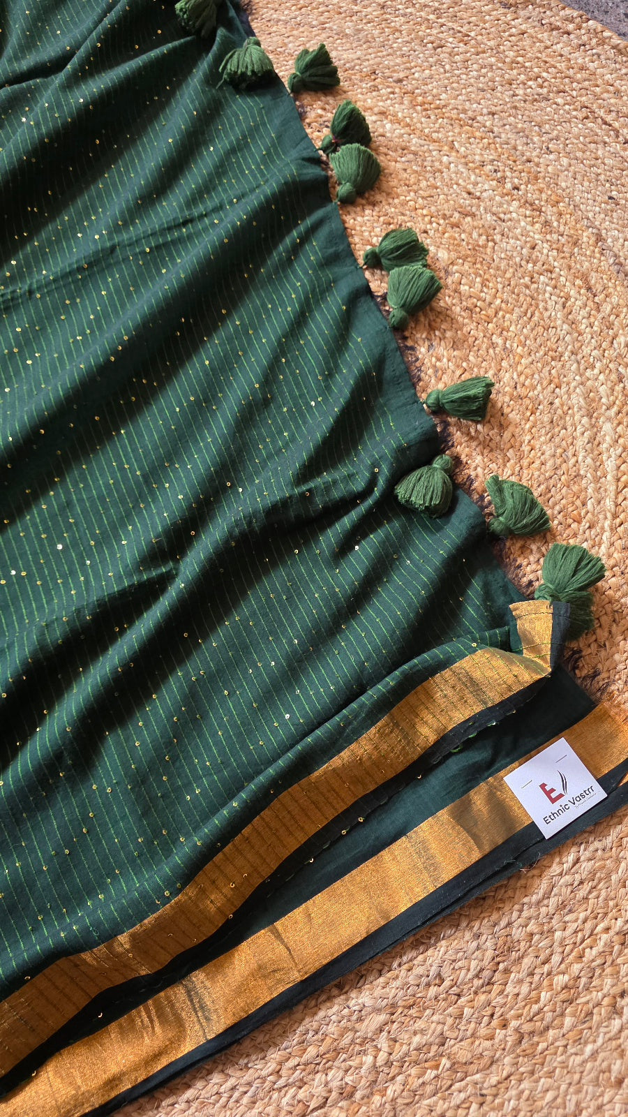 Bottle Green Mulmul Sequin Saree with Border