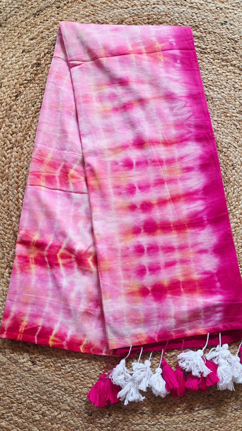 Pink Half Shibori Tie-Dye Mul Cotton Saree