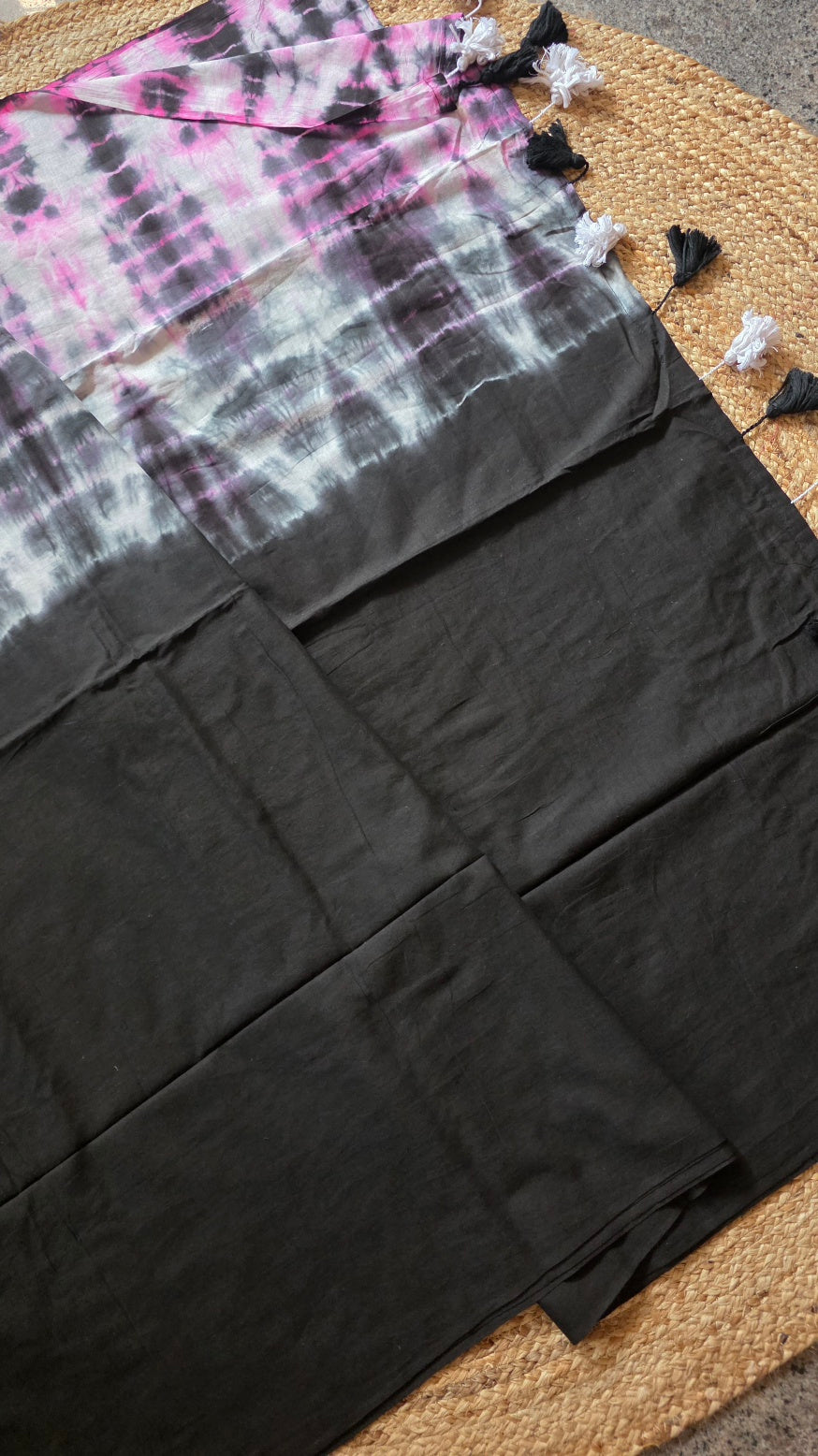 Black Half Shibori Tie-Dye Mul Cotton Saree
