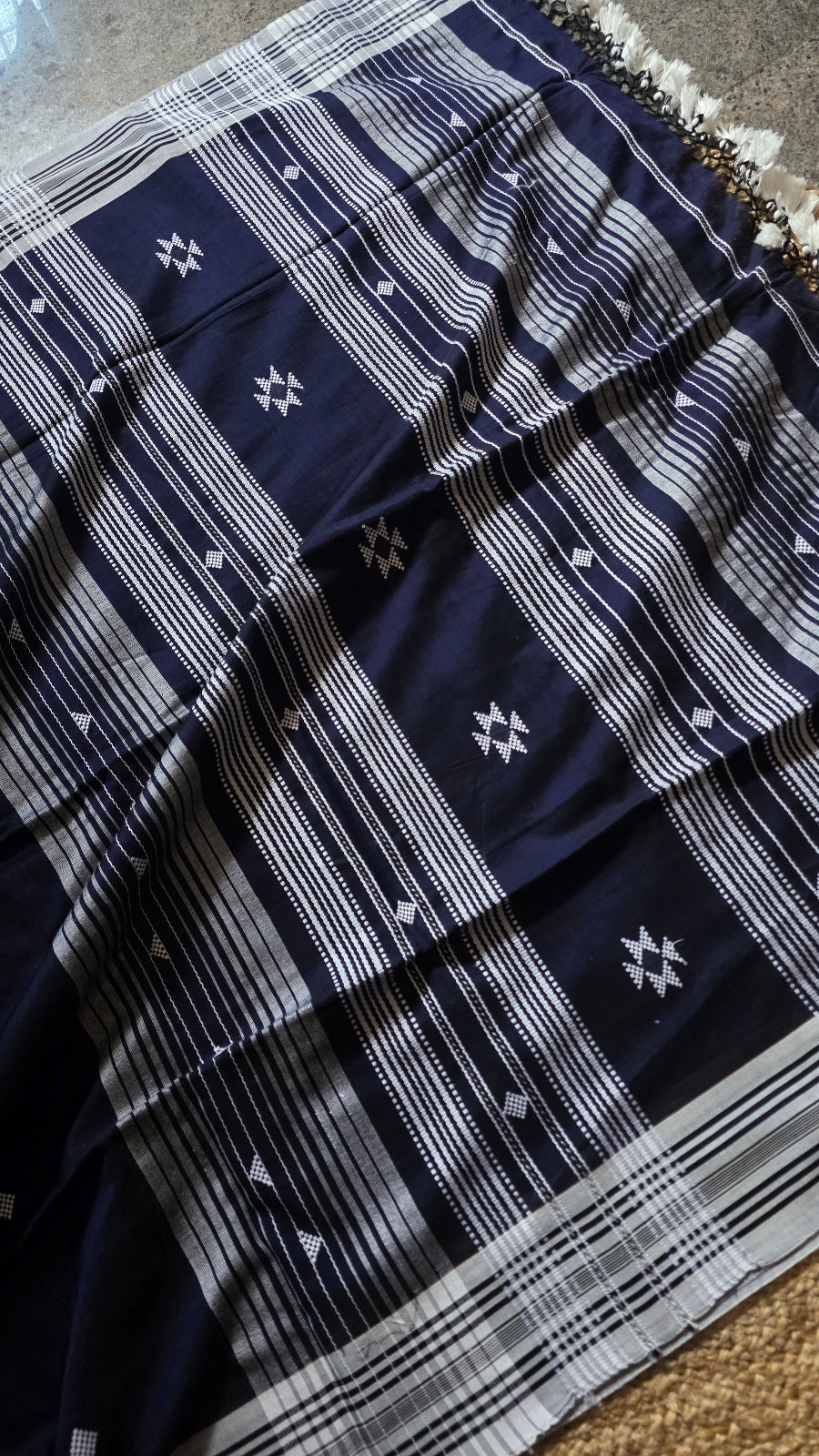 Navy Blue Bhujodi Handloom Cotton Silk Saree from Kutch