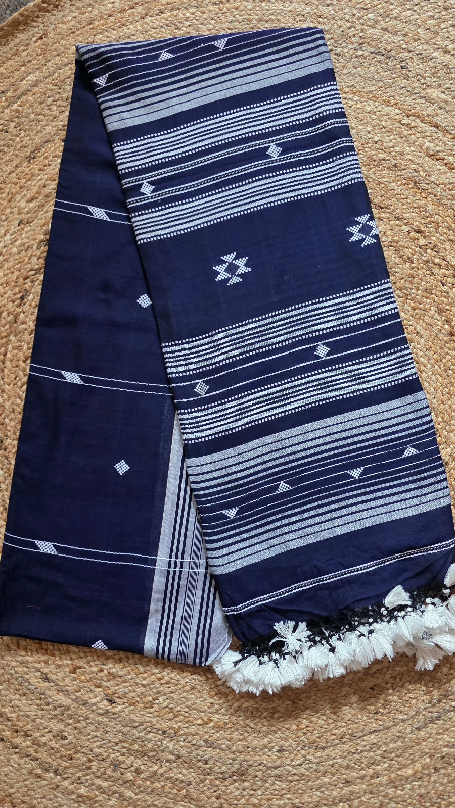 Navy Blue Bhujodi Handloom Cotton Silk Saree from Kutch