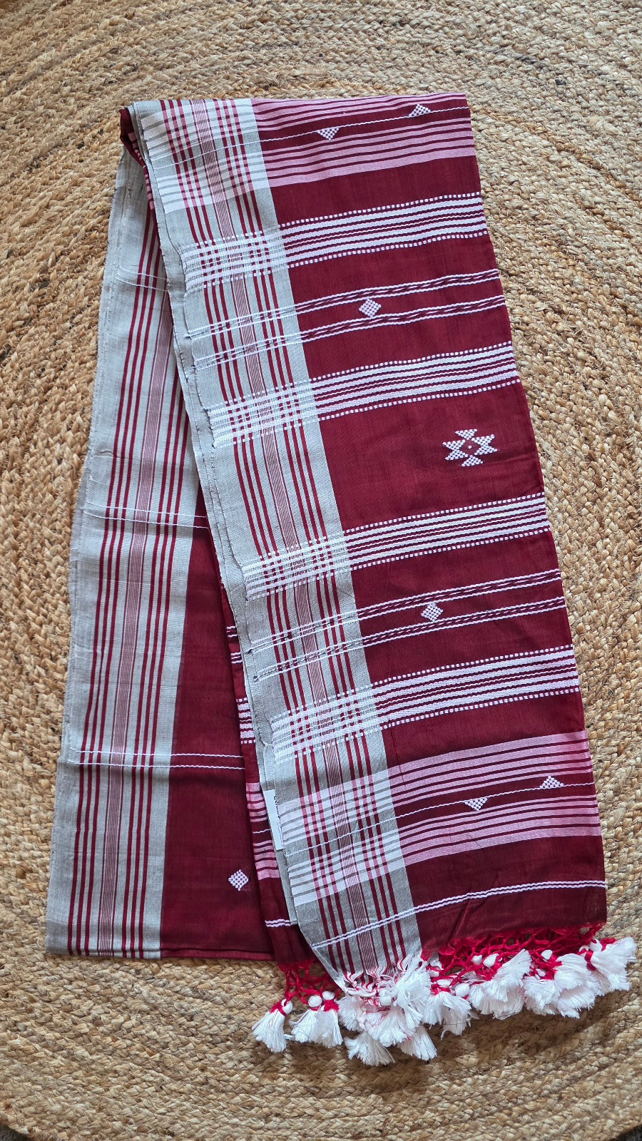Maroon Bhujodi Handloom Cotton Silk Saree from Kutch