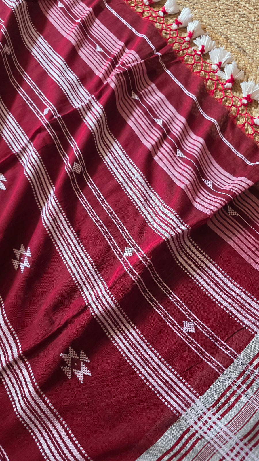Maroon Bhujodi Handloom Cotton Silk Saree from Kutch
